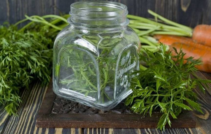 В банки выкладываем зелёную ботву моркови