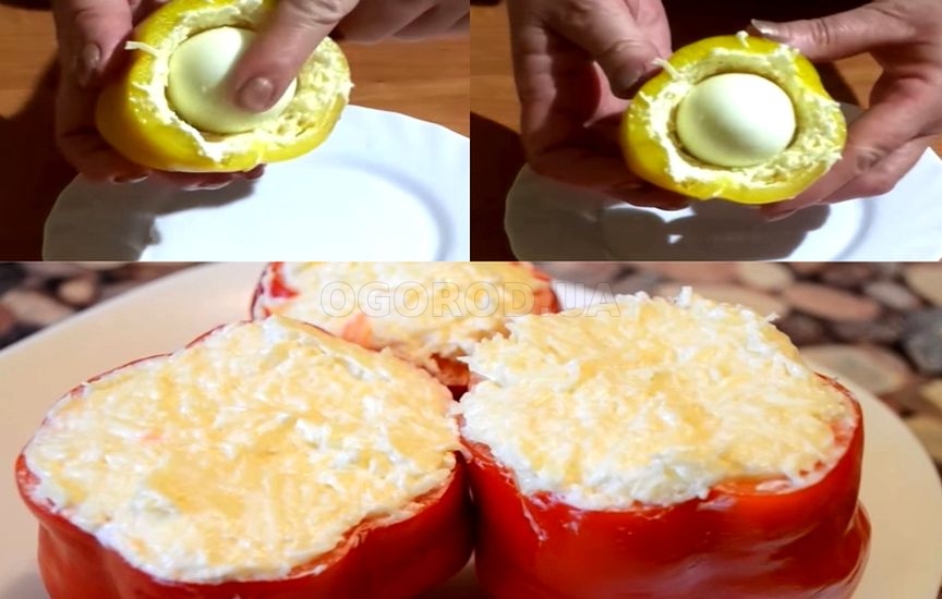 Вложите посередине отварное яйцо в каждый перец